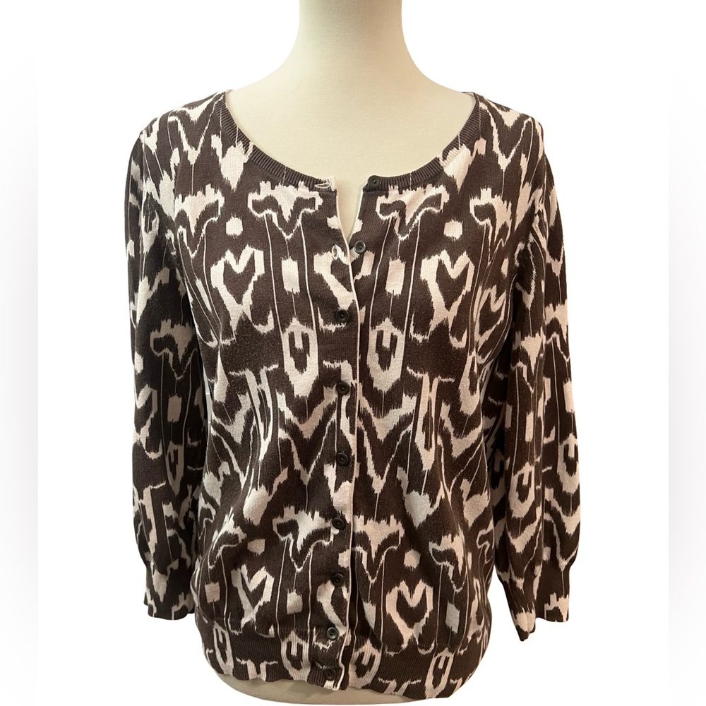 Talbots Brown and White Silk Blend Ikat Patterned Women's Cardigan Sweater XL